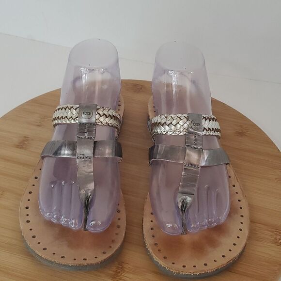 UGG Audra Silver 1011202 Thong Flat Sandals Braid Strap Gray Women's Size 8 - Picture 1 of 10